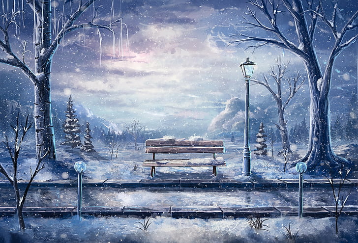 artwork bench winter snow street light road sylar, HD wallpaper
