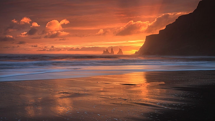 sunset, landscape, shore, waves, sandy beach, evening, HD wallpaper