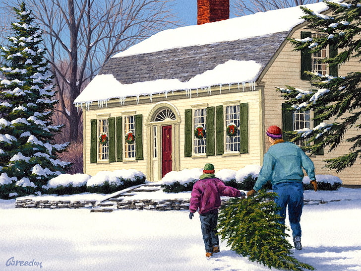 man and child near house painting, new year, christmas, fur-tree, attribute, card, family, HD wallpaper