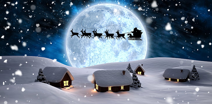 Дядо Коледа, зима, сняг, дървета, снежинки, нощ, светлини, изобразяване, луната, Нова година, къщи, шейни, Дядо Коледа, елени, силуети, HD тапет
