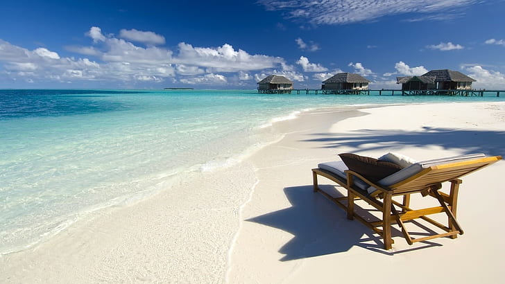 Plaża, morze, tropik, krzesło, poduszki, bungalow, Tapety HD