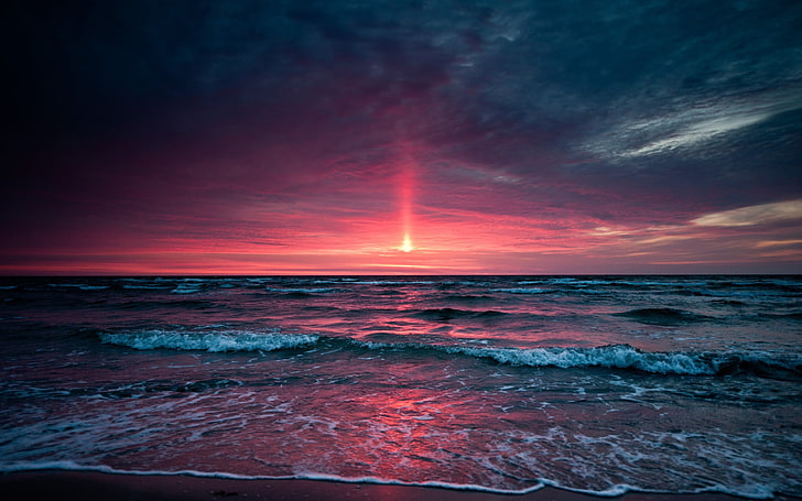 body of water, Sun, sea, water, beach, sunset, horizon, clouds, sky, sunlight, HD wallpaper