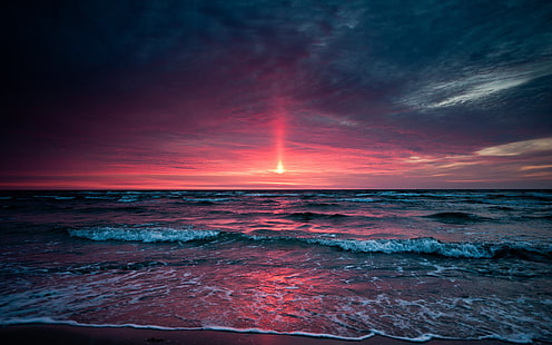 Cuerpo de agua, sol, mar, agua, playa, puesta de sol, horizonte, nubes, cielo, luz solar, Fondo de pantalla HD HD wallpaper