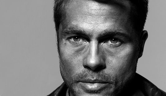 homens em preto e branco Brad Pitt atores rostos 2470x1440 Pessoas atores HD Art, preto e branco, homens, HD papel de parede HD wallpaper