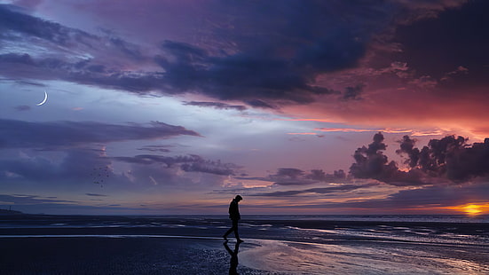 ชายหาดคนเดียวเมฆทะเลน้ำดวงจันทร์พระอาทิตย์ตกเดิน, วอลล์เปเปอร์ HD HD wallpaper