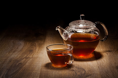 clear glass teapot and teacup, table, tea, drink, teapot, HD wallpaper HD wallpaper