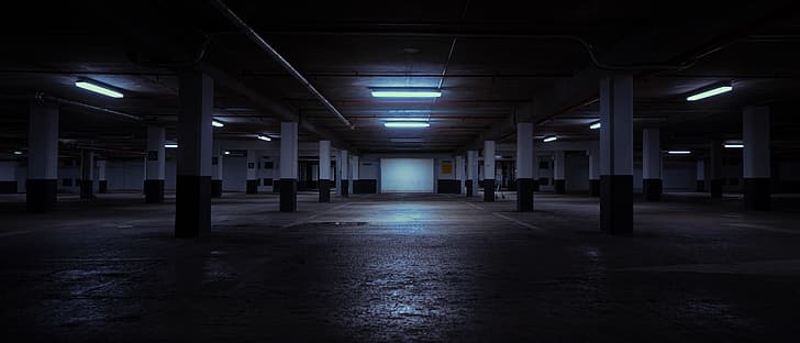 garasi parkir, neon, malam, liminal, gelap, urban, Wallpaper HD