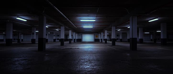 garage de stationnement, néon, nuit, liminal, sombre, urbain, Fond d'écran HD HD wallpaper