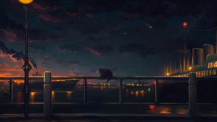animowana tapeta cyfrowa, kot przysiada na moście fotografia kolejowa, kot, pejzaż miejski, balustrada, zachód słońca, statek, gwiazdy, Sylar, fantasy art, malarstwo, Tapety HD