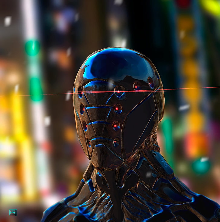 black and blue robot illustration, robot, artwork, HD wallpaper
