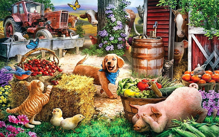 Tier, Künstlerisch, Vogel, Katze, Kuh, Hund, Bauernhof, Pferd, Schwein, HD-Hintergrundbild