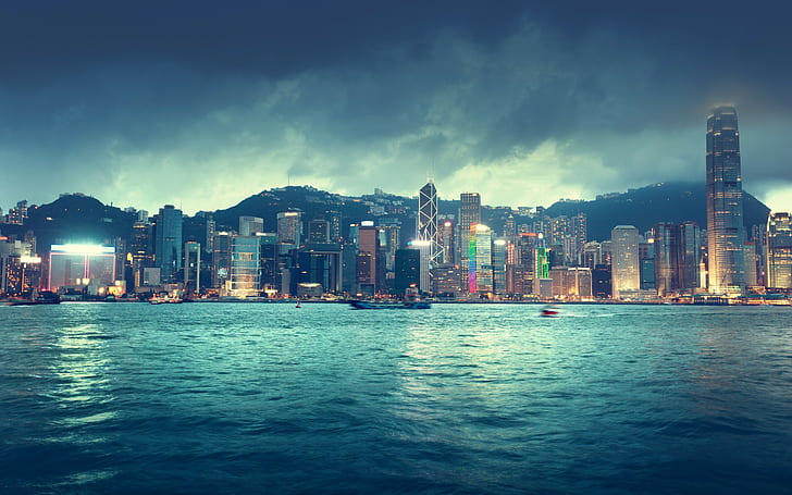 Hong Kongs silhuett, höghus, Hong Kong, Kina, stad, Horisont, Hav, flod, fartyg, Byggnader, himmel, moln, Natt, ljus, HD tapet