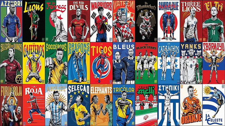 постер с разными названиями, коллаж, футбол, игроки, нации, Чемпионат мира по футболу, HD обои