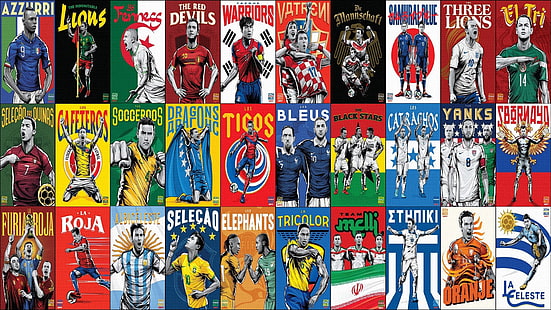 各種タイトルのポスターロットコラージュ、サッカー、選手、国、FIFAワールドカップ、 HDデスクトップの壁紙 HD wallpaper