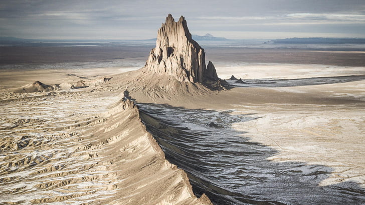 mountains, snow caps, desert, Shiprock, landscape, nature, New Mexico, HD wallpaper