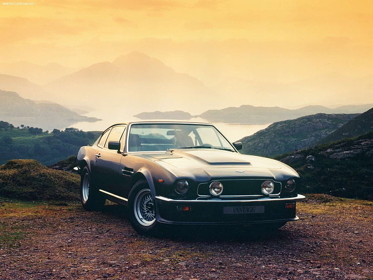 black Ford Mustang coupe, car, off-road, landscape, mountains, old car, horizon, Aston Martin, aston martin v8 vantage 1977, HD wallpaper