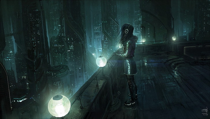 wanita berdiri di dekat pegangan, wanita berdiri di atas gedung, futuristik, headphone, Cityscape, fiksi ilmiah, Wallpaper HD