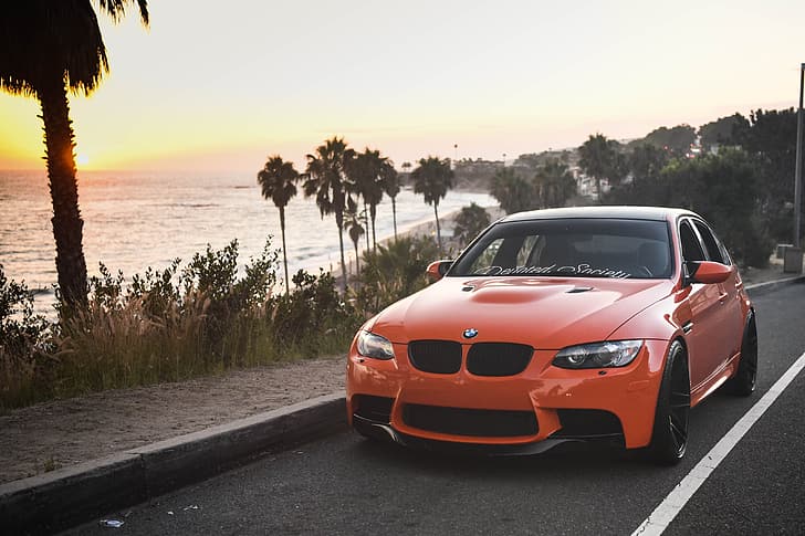BMW, Sunset, E90, Palm trees, M3, HD wallpaper