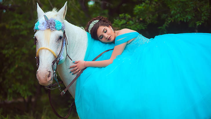 white, summer, look, face, girl, flowers, pose, Park, mood, horse, blue, romance, foliage, hand, tale, makeup, dress, fantasy, hairstyle, friendship, unicorn, lies, image, brown hair, decoration, weasel, Diadema, Princess, wreath, green background, attachment, fabulous, hem, manicure, closed eyes, bridle, turquoise, HD wallpaper