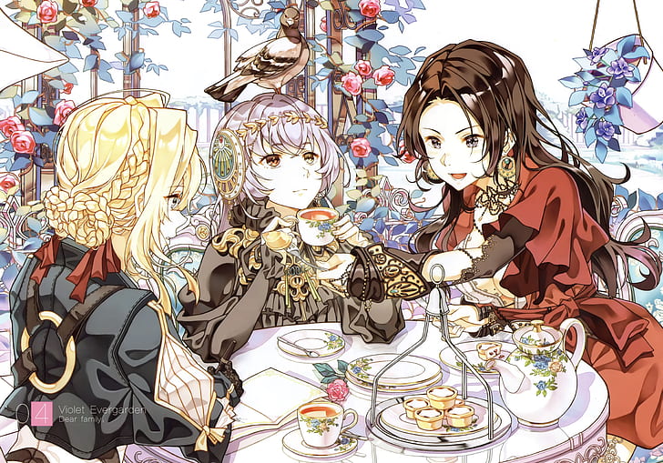 dove, hairstyle, the tea party, sweets, plates, red dress, gazebo, set, treat, three girls, the rose Bush, Violet Evergarden, Cattleya Baudelaire, Lux Sibyl, HD wallpaper