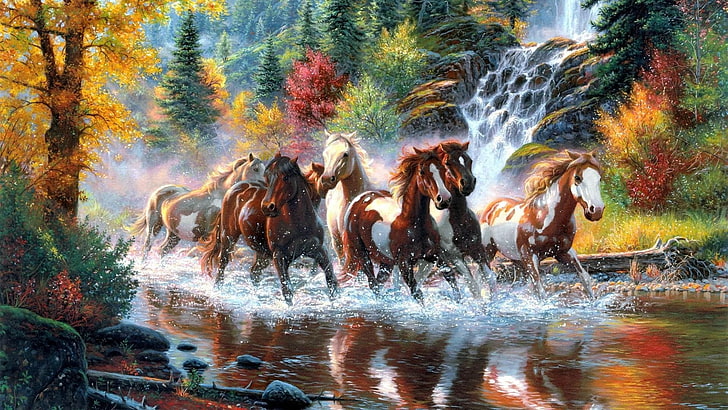 природа, река, кон, живопис, дърво, коне, гора, есен, дива природа, пейзаж, див кон, мустанг кон, живопис, водопад, HD тапет