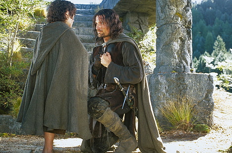 El señor de los anillos, El señor de los anillos: La comunidad del anillo, Aragorn, Elijah Wood, Frodo Baggins, Viggo Mortensen, Fondo de pantalla HD HD wallpaper