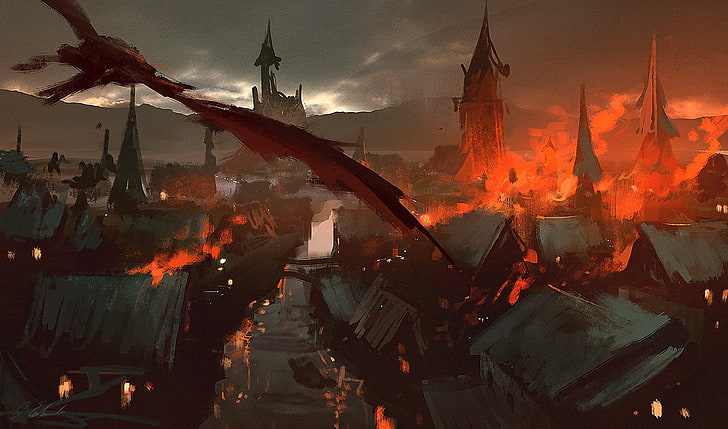 brinnande slottillustration, Darek Zabrocki, konstverk, The Lord of the Rings, The Hobbit: The Desolation of Smaug, HD tapet