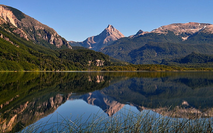 пейзаж, природа, езеро, планини, сутрин, слънчева светлина, вода, отражение, Чили, гора, лято, спокойствие, HD тапет