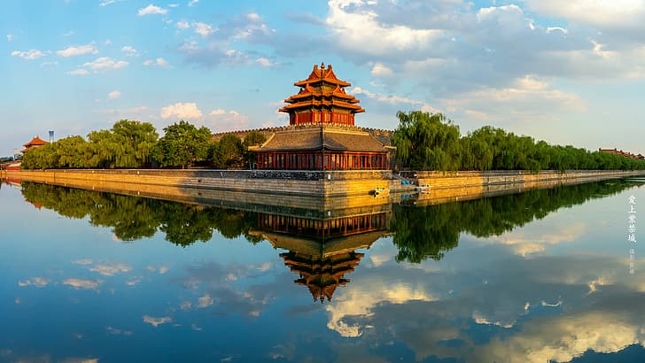 Chinese architecture, the Imperial Palace, sky, lake, HD wallpaper