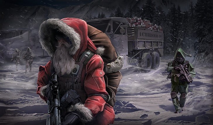 illustration de soldats, père noël, elfes, G36K, Noël, Fond d'écran HD