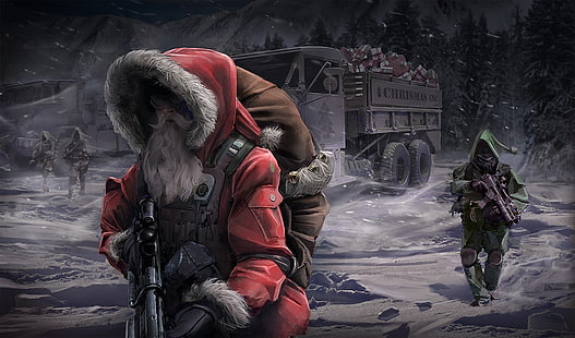 иллюстрация солдат, санта, эльфы, G36K, рождество, HD обои HD wallpaper