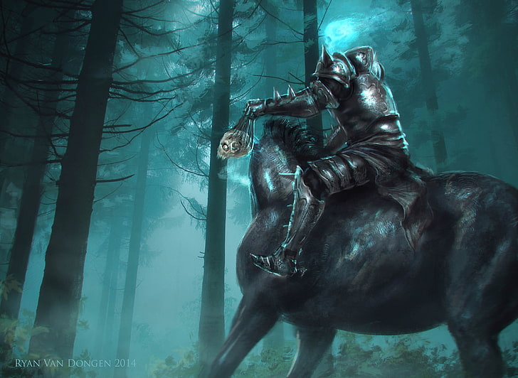 man wearing gray armour riding horse illustration, digital art, horse, death knights, forest, armor, skull, mist, fantasy art, dark fantasy, Ryan van Dongen, 2011 (Year), HD wallpaper