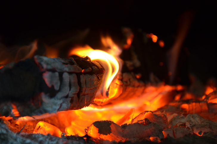api, merah, kuning, kayu, panas, batu bara panas, Wallpaper HD