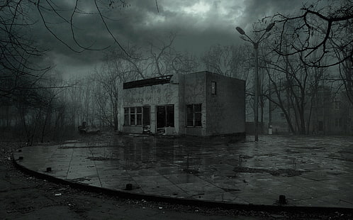 edificio di cemento grigio, notte, pioggia, Pripyat, Ucraina, pustosh, Sfondo HD HD wallpaper