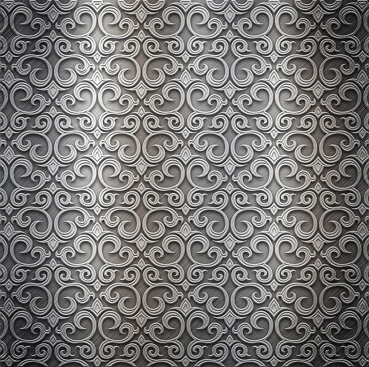 white scrolled digital wallpaper, metal, pattern, silver, texture, background, steel, metallic, HD wallpaper