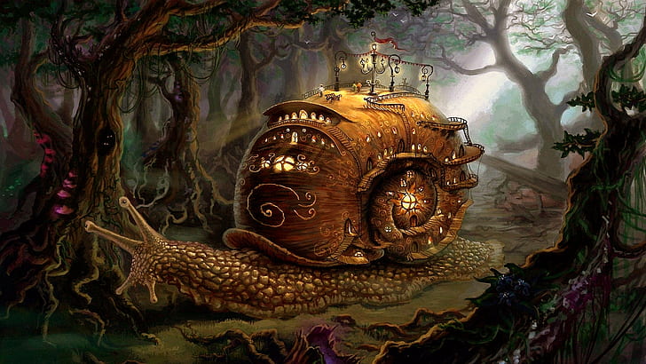 ślimak, fantasy art, las, dom, muszla ślimaka, dom, bajkowa kraina, opowieść, bajka, ilustracja, Tapety HD