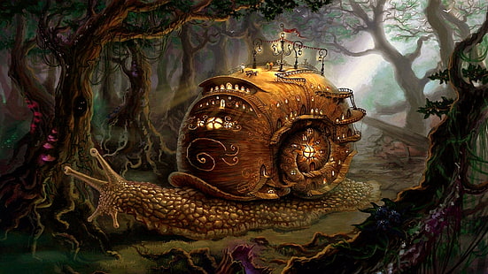 ślimak, fantasy art, las, dom, muszla ślimaka, dom, bajkowa kraina, opowieść, bajka, ilustracja, Tapety HD HD wallpaper