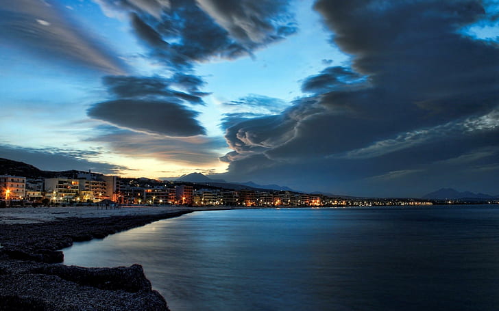 Rethymno, lights, greece, beaches, nature, beautiful, water, crete, architecture, rethymno, city, HD wallpaper