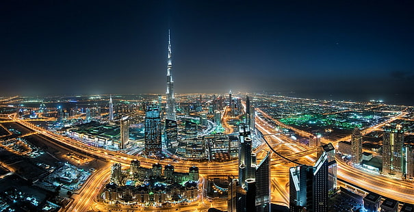 Paesaggio urbano, Dubai, grattacielo, notte, luci, foschia, Emirati Arabi Uniti, autostrada, Burj Khalifa, architettura, città, paesaggio urbano, dubai, grattacielo, notte, luci, nebbia, emirati arabi uniti, autostrada, burj khalifa, architettura, Sfondo HD HD wallpaper