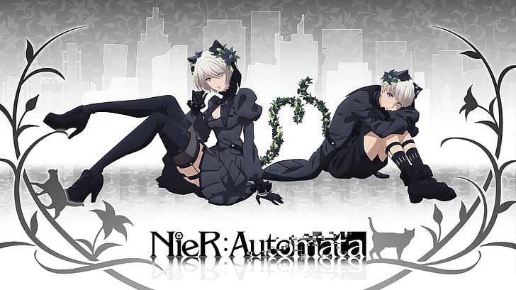 Nier: Automata, 2B (Nier: Automata), 9S (Nier: Automata), black dress, flowers, smiling, silver hair, anime girls, anime boys, HD wallpaper
