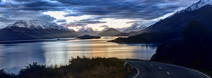 Straße entlang, Gewässer, Ozeanien, Neuseeland, See, Berge, Wolken, Abenddämmerung, Queenstown, Glenorchy, HD-Hintergrundbild