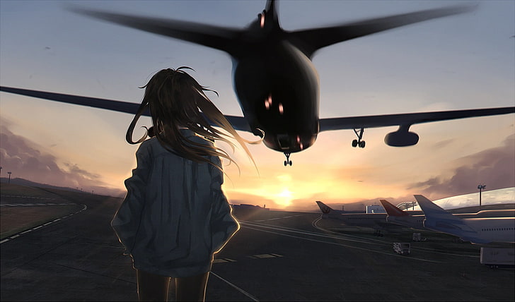 애니메이션 소녀, 공항, 비행기, 일몰, HD 배경 화면