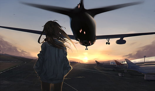 anime meninas, aeroporto, aviões, pôr do sol, HD papel de parede HD wallpaper