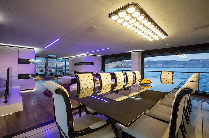 meja makan dengan set kursi, interior, gaya bahan, kapal pesiar, Lounge, kursi, desain interior, Wallpaper HD