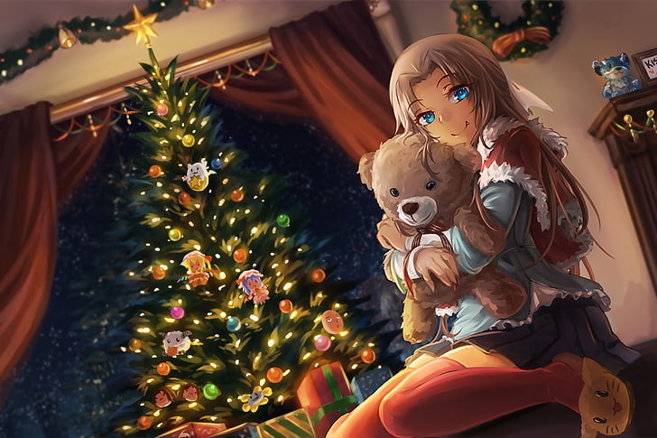 fan art, anime girls, Christmas Tree, thigh-highs, HD wallpaper