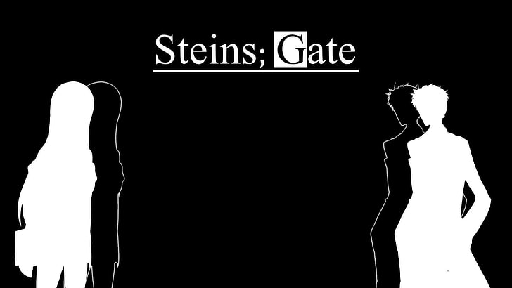 черно-бял печат на текст, аниме, Steins; Gate, Okabe Rintarou, Makise Kurisu, HD тапет