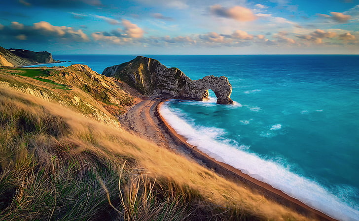 seashore line, England, Dorset, The Jurassic coast, natural limestone rock gates of Deral-Dor, HD wallpaper