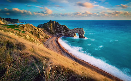 seashore line, England, Dorset, The Jurassic coast, natural limestone rock gates of Deral-Dor, HD wallpaper HD wallpaper