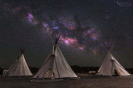 three grey tipi tents, the sky, stars, the milky way, wigwam, tipi, home of the Indians, HD wallpaper HD wallpaper