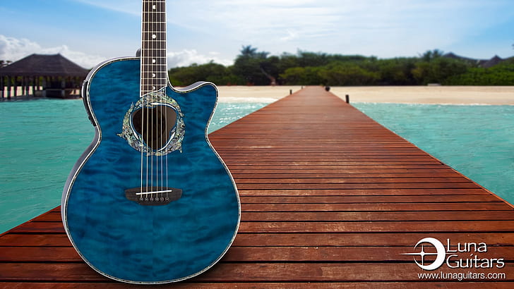 Gitar HD, gitar akustik biru-hitam, musik, gitar, Wallpaper HD